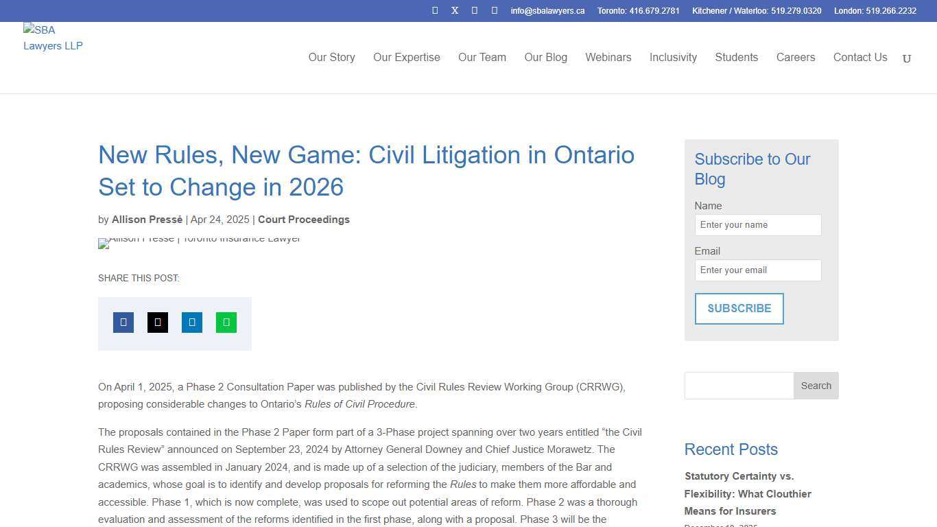 New Rules, New Game: Civil Litigation in Ontario Set to Change in 2026 SBA Lawyers LLP