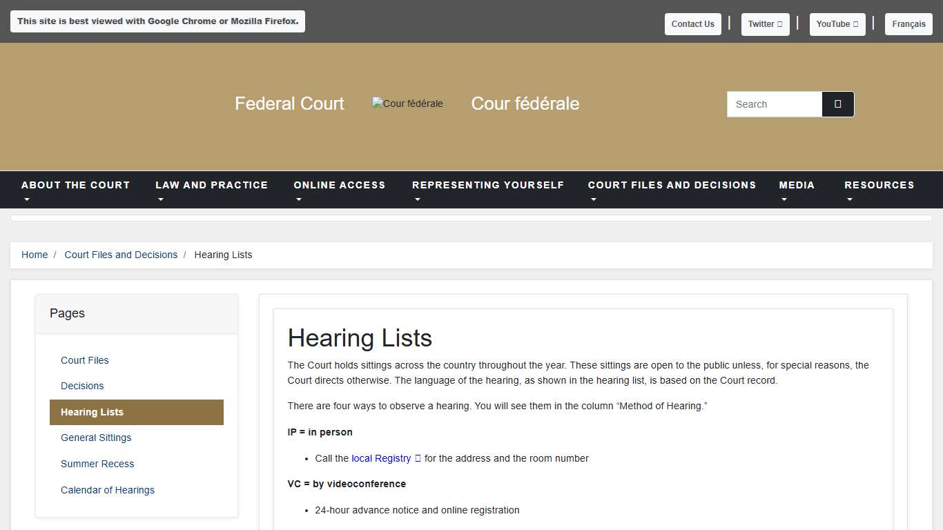 Federal Court - Hearing Lists